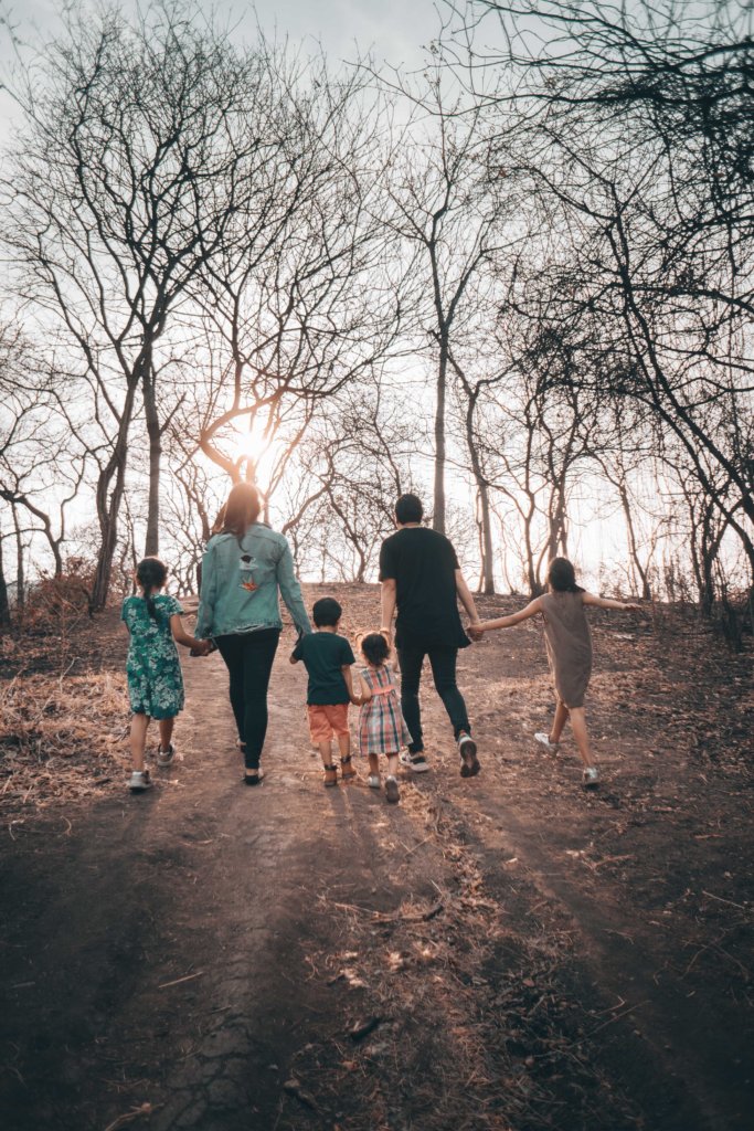 A family walking towards a forest with a bright sunset behind it.